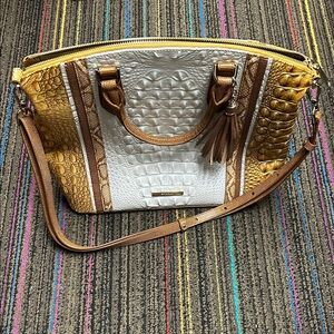 Brahmin White and Gold Croc-Embossed Satchel